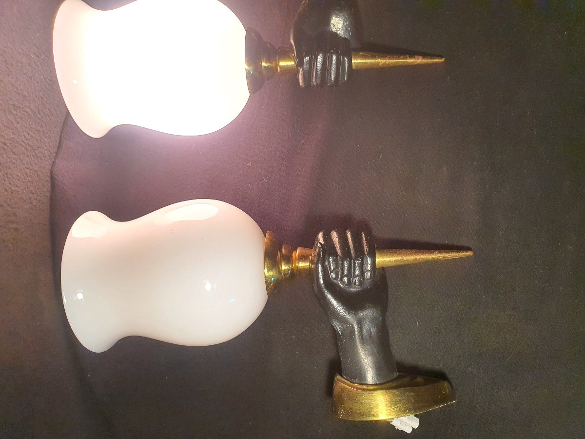 Paire d appliques bronze, mains torchères.-photo-3