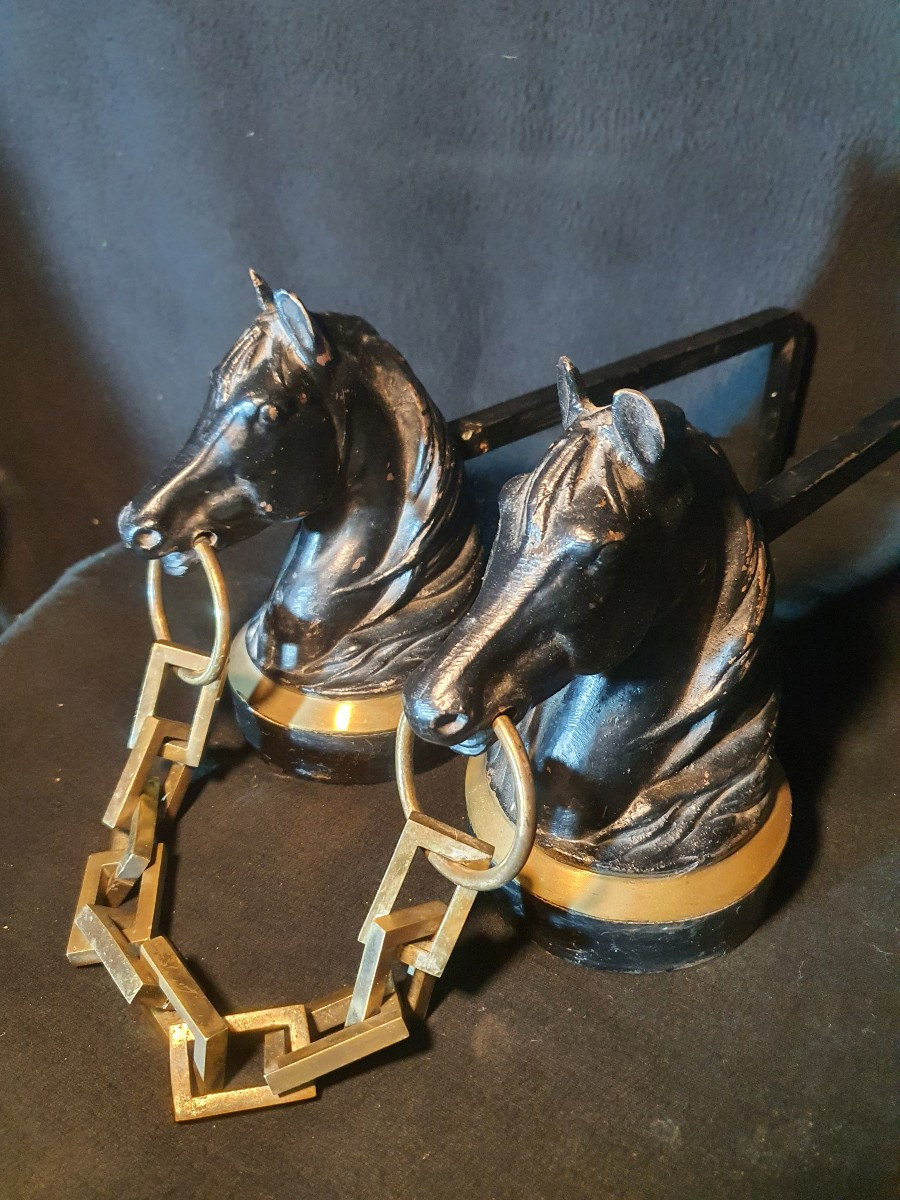 Paire de chenets têtes de chevaux dans le goût Jacques Adnet. -photo-4