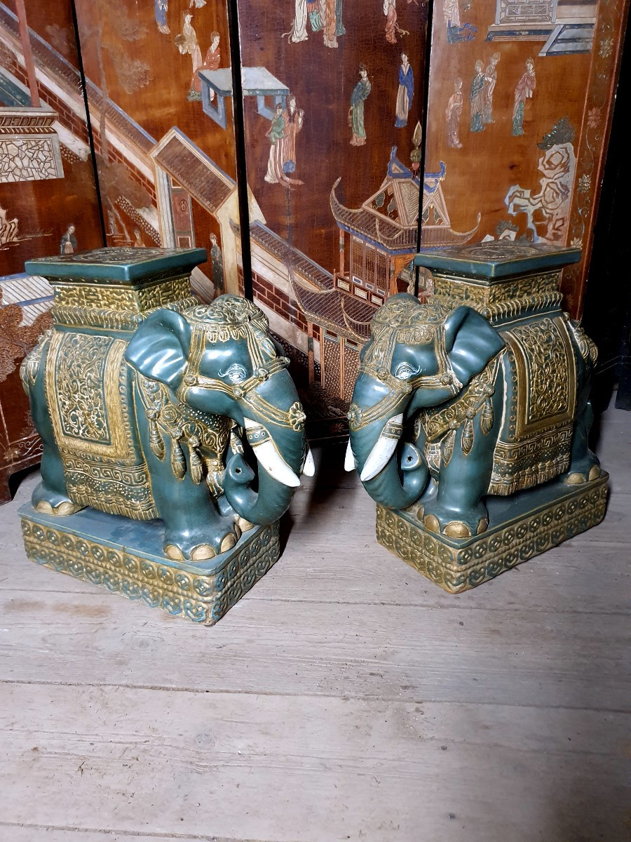 Pair Of Ceramic Elephants Bien Hoa Vietnam. -photo-2