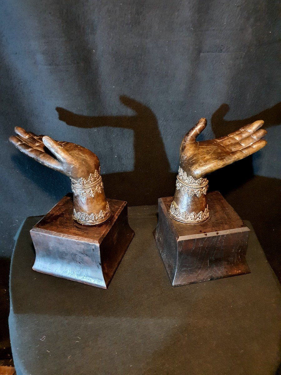 Pair Of Bronze Buddha Hands. -photo-2