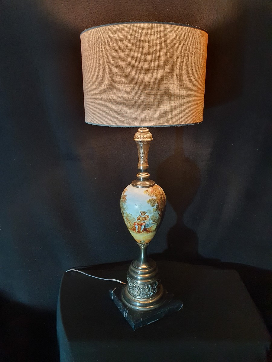 Large Porcelain And Bronze Lamp. 