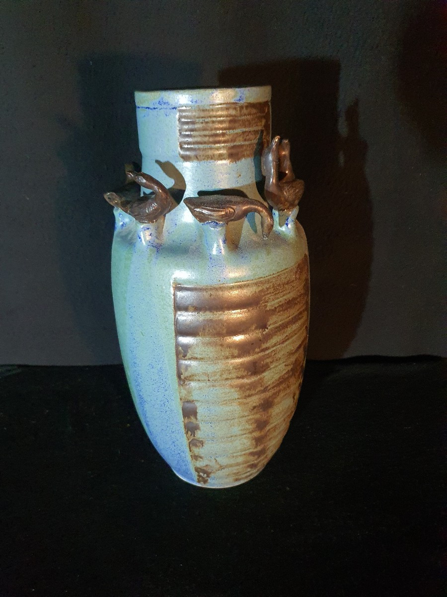 Art Deco Stoneware Vase With Birds. -photo-4