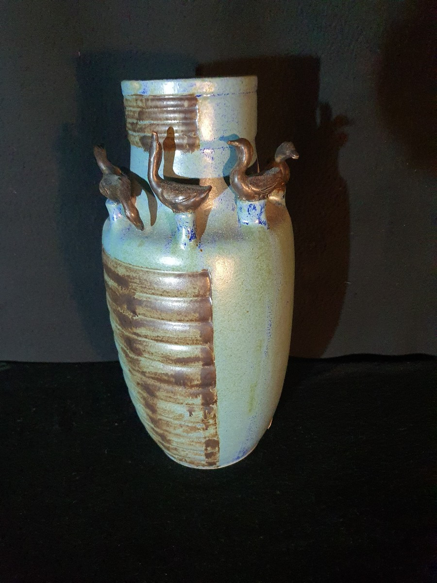 Art Deco Stoneware Vase With Birds. -photo-1