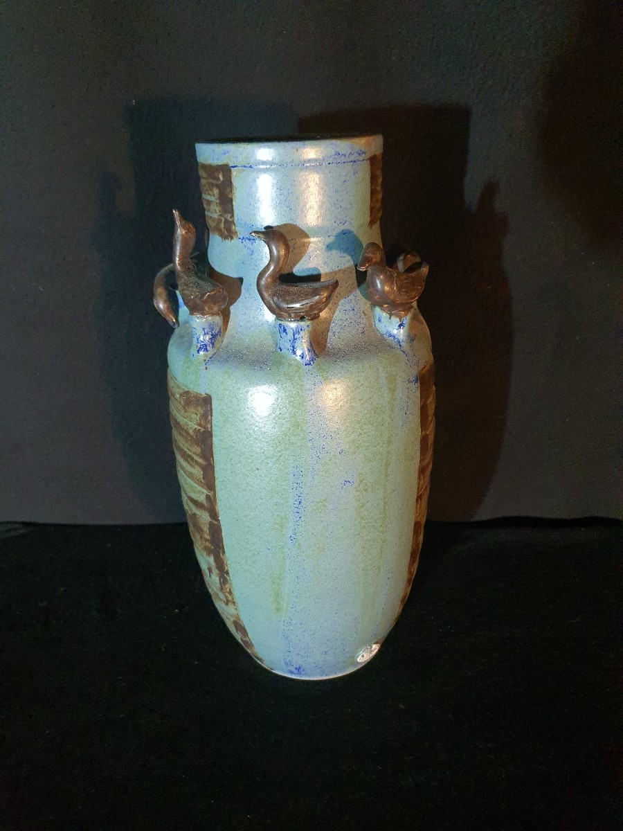 Art Deco Stoneware Vase With Birds. -photo-2