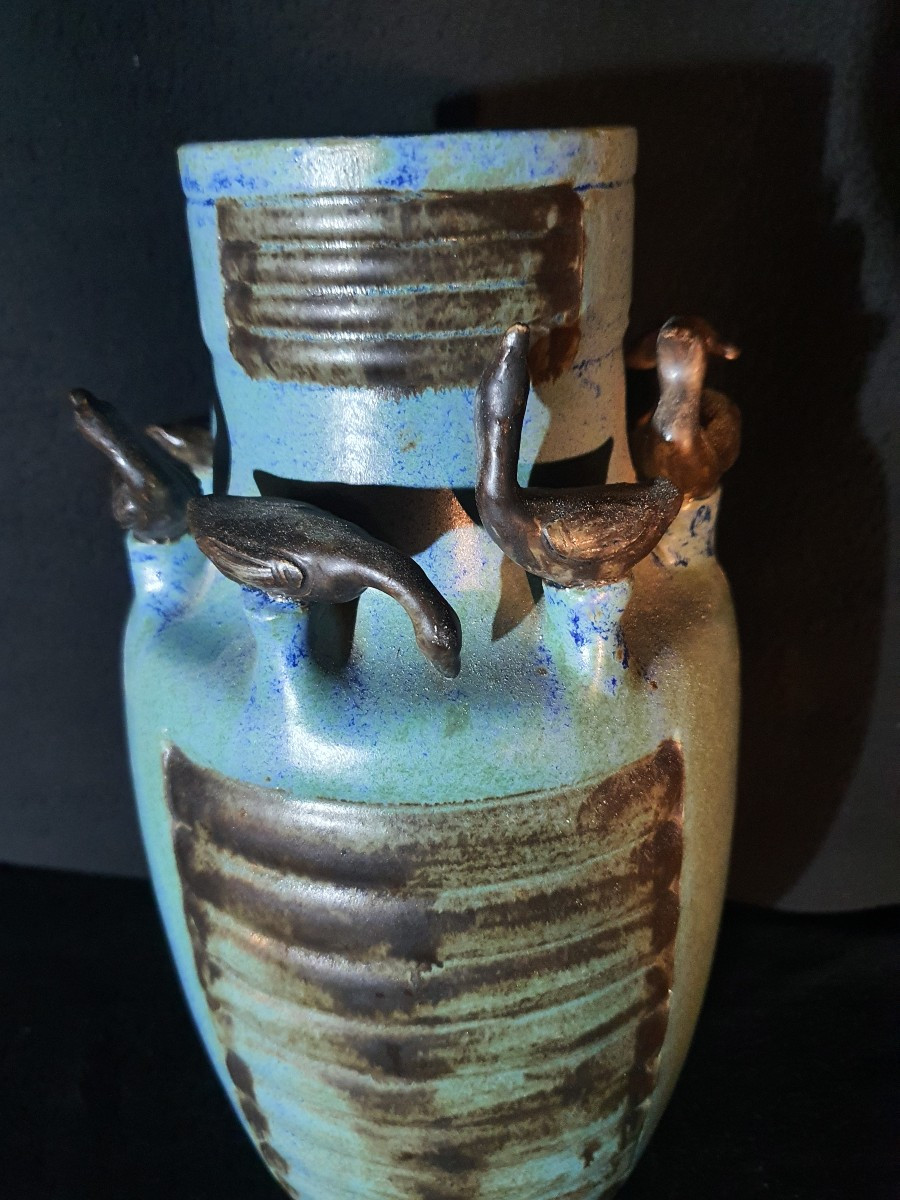 Art Deco Stoneware Vase With Birds. -photo-5