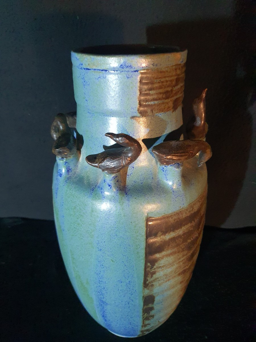 Art Deco Stoneware Vase With Birds. -photo-6