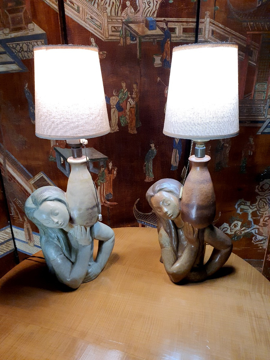 Paire de lampes vintage sujet féminin. -photo-2
