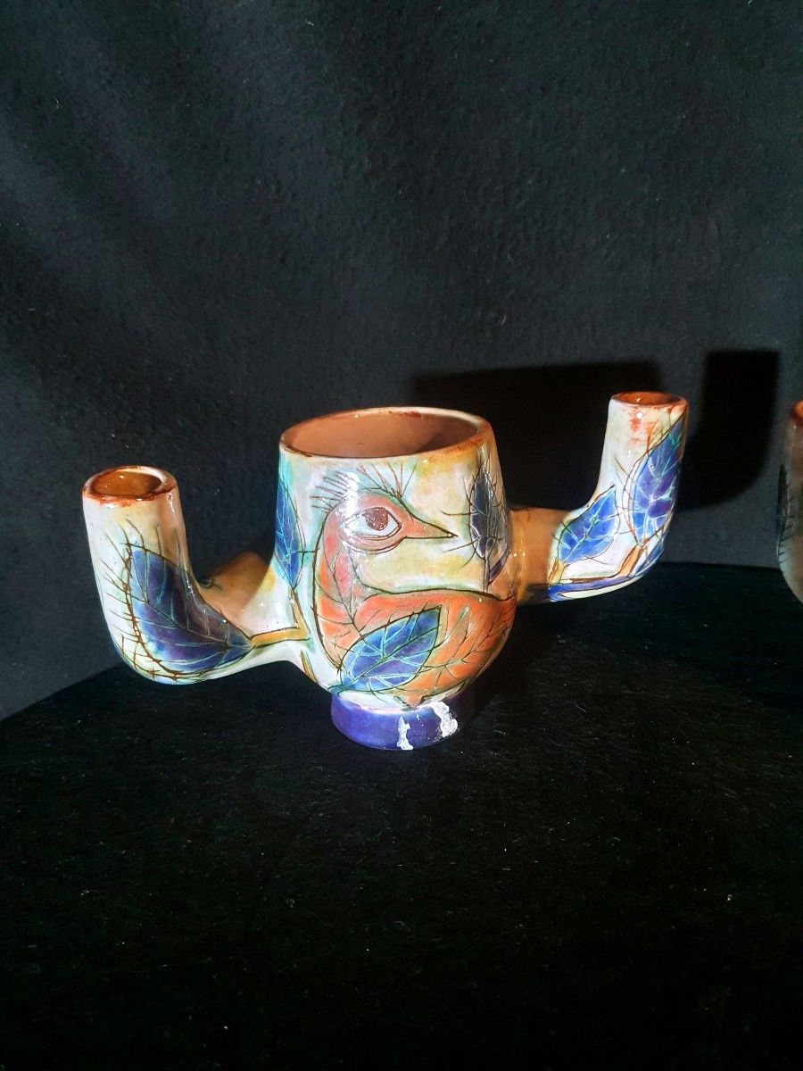 Paire de bouquetières faiences de Vallauris. -photo-3