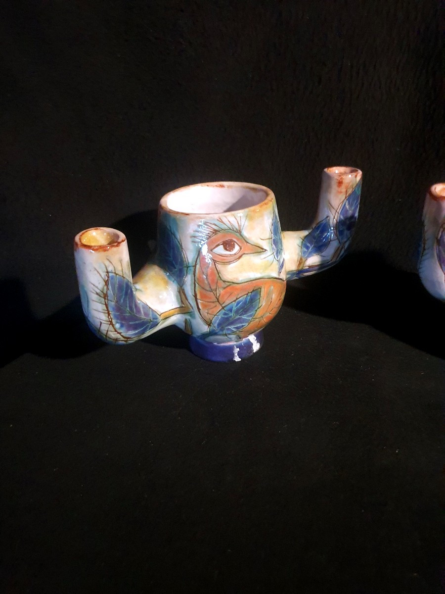 Paire de bouquetières faiences de Vallauris. -photo-4