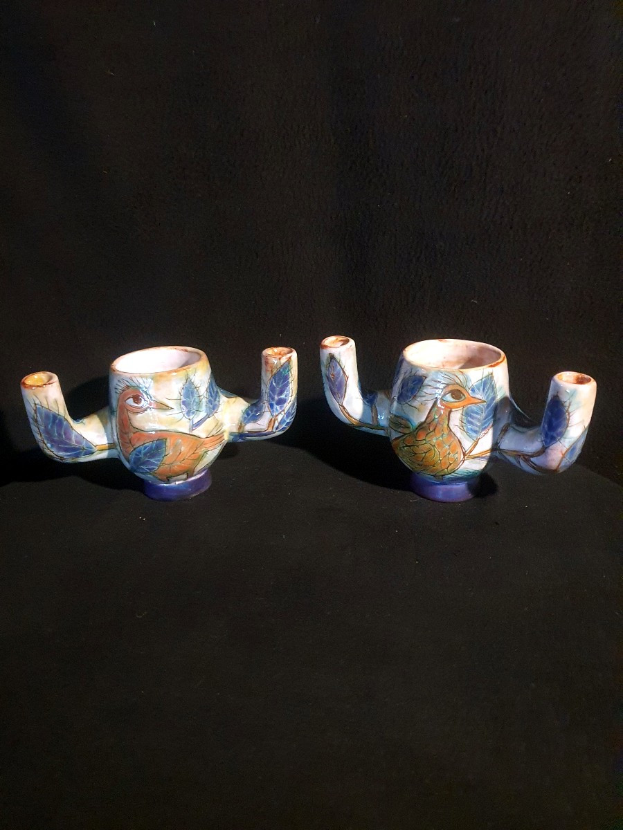 Paire de bouquetières faiences de Vallauris. 