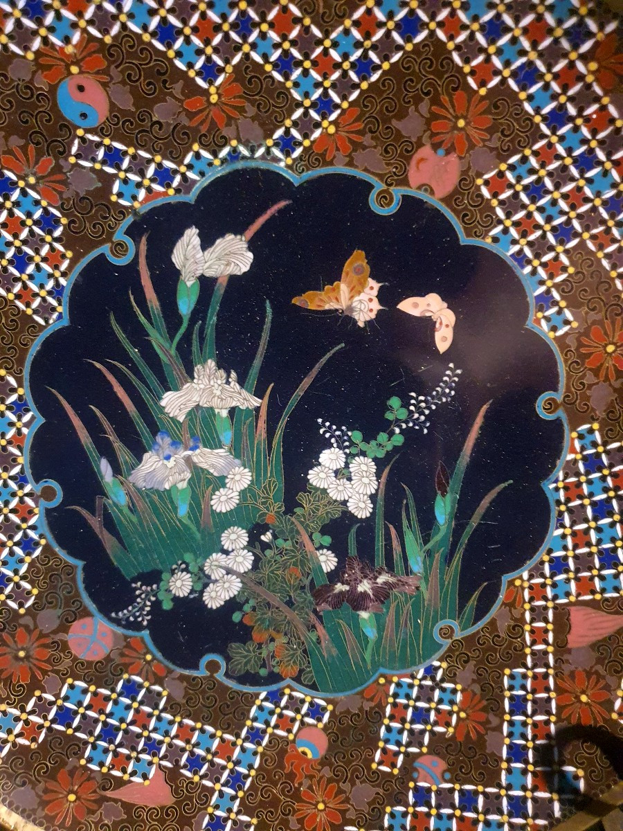 19th Century Cloisonné Bronze Plate, Japan. Butterflies.-photo-2