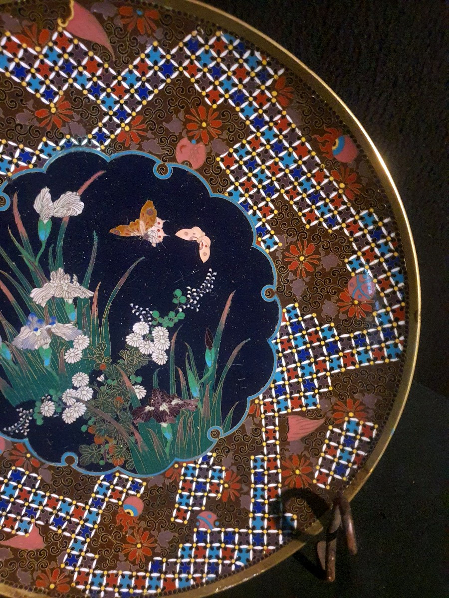 19th Century Cloisonné Bronze Plate, Japan. Butterflies.-photo-3