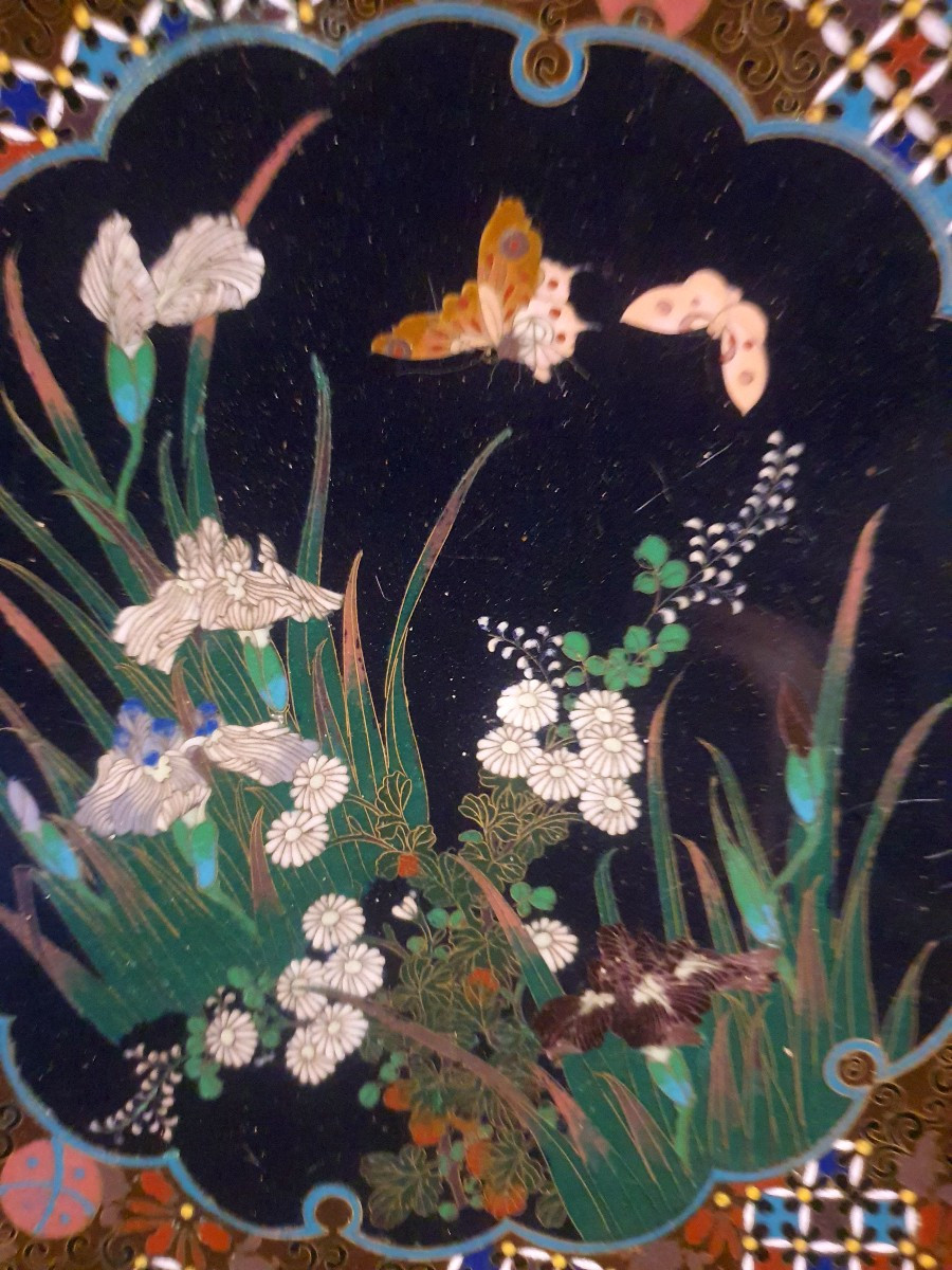 19th Century Cloisonné Bronze Plate, Japan. Butterflies.-photo-2