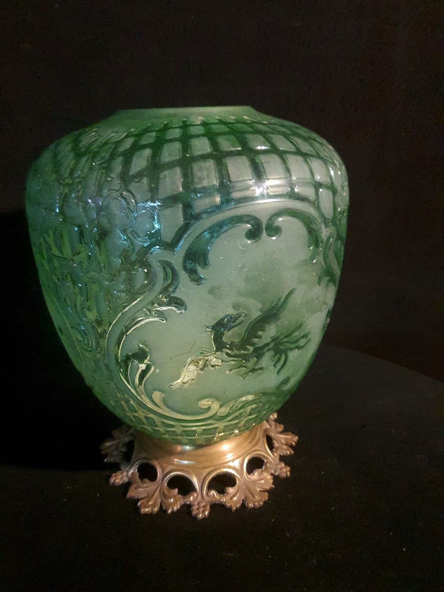 Vase décor Chine vert ouraline attribué Baccarat. -photo-4