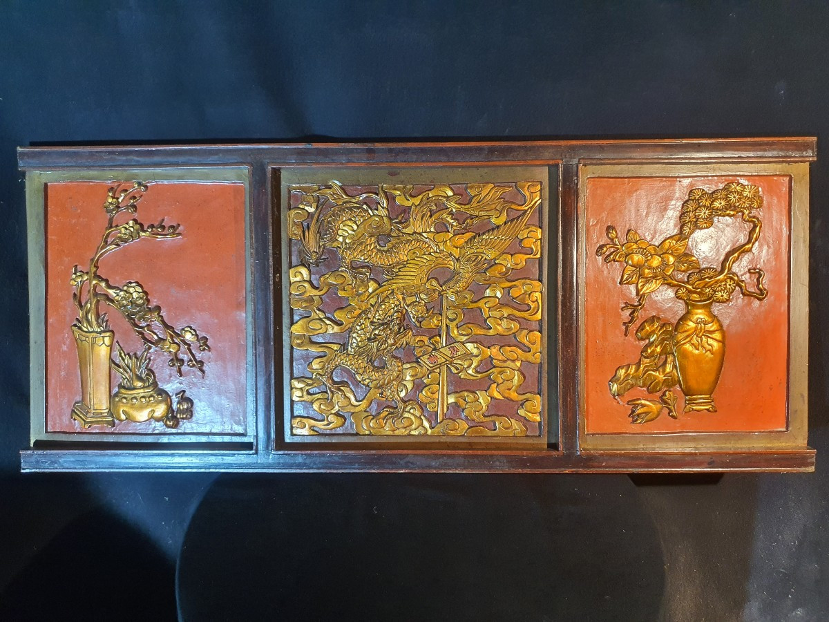 Panneau sculpté Chine dragon et phénix. -photo-2