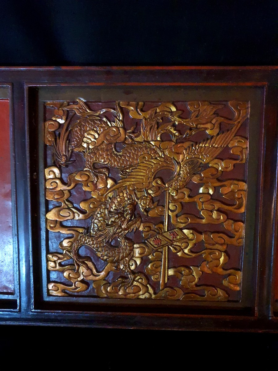 Panneau sculpté Chine dragon et phénix. -photo-3