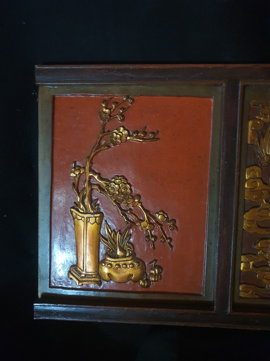 Panneau sculpté Chine dragon et phénix. -photo-4