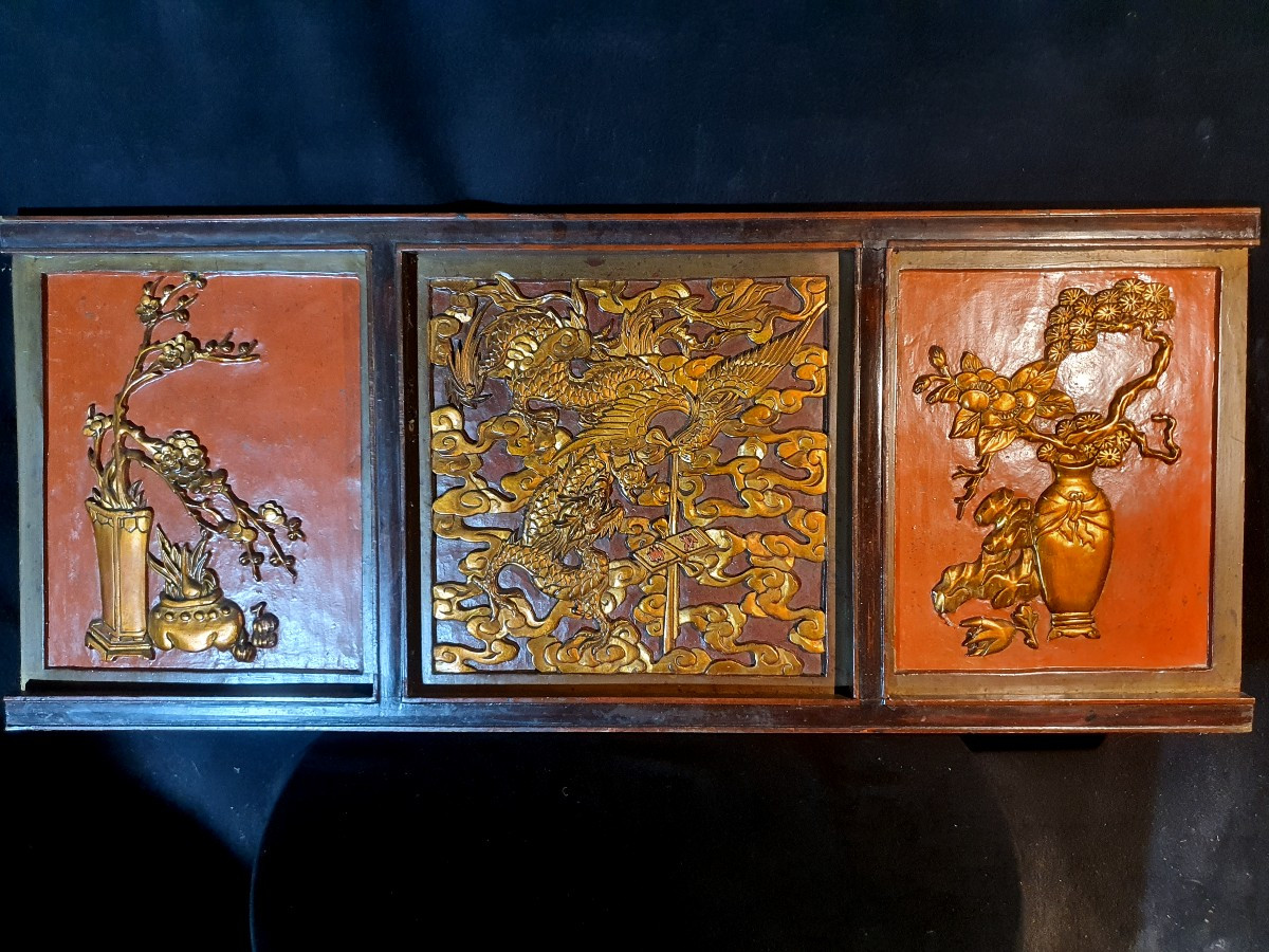 Panneau sculpté Chine dragon et phénix. 