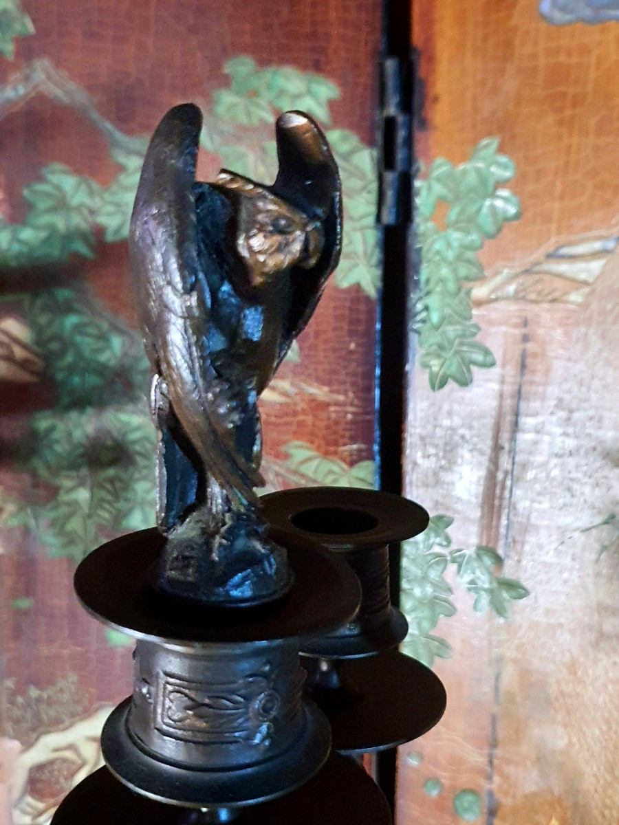 Pair Of Large Bronze Candelabra In The Barbedienne Style.-photo-4