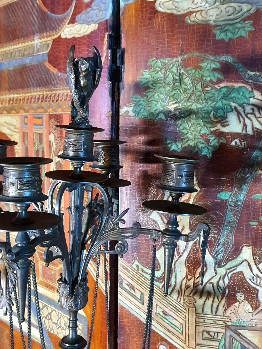 Pair Of Large Bronze Candelabra In The Barbedienne Style.-photo-2
