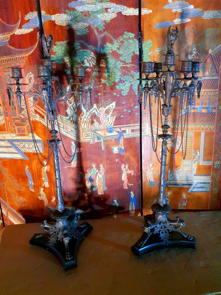 Pair Of Large Bronze Candelabra In The Barbedienne Style.-photo-5