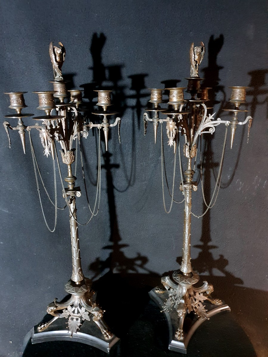Pair Of Large Bronze Candelabra In The Barbedienne Style.