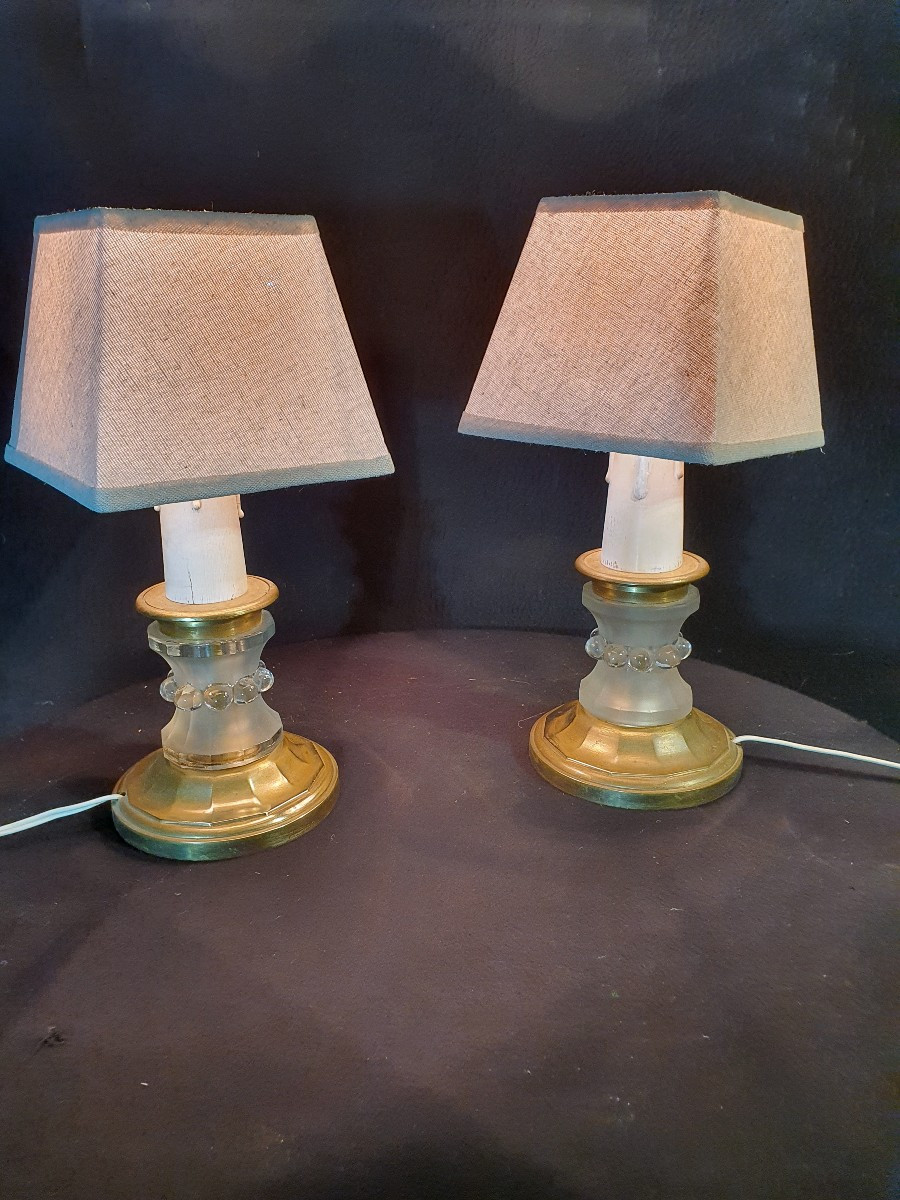 Paire de lampes art déco, bronze et pâte de verre. -photo-2