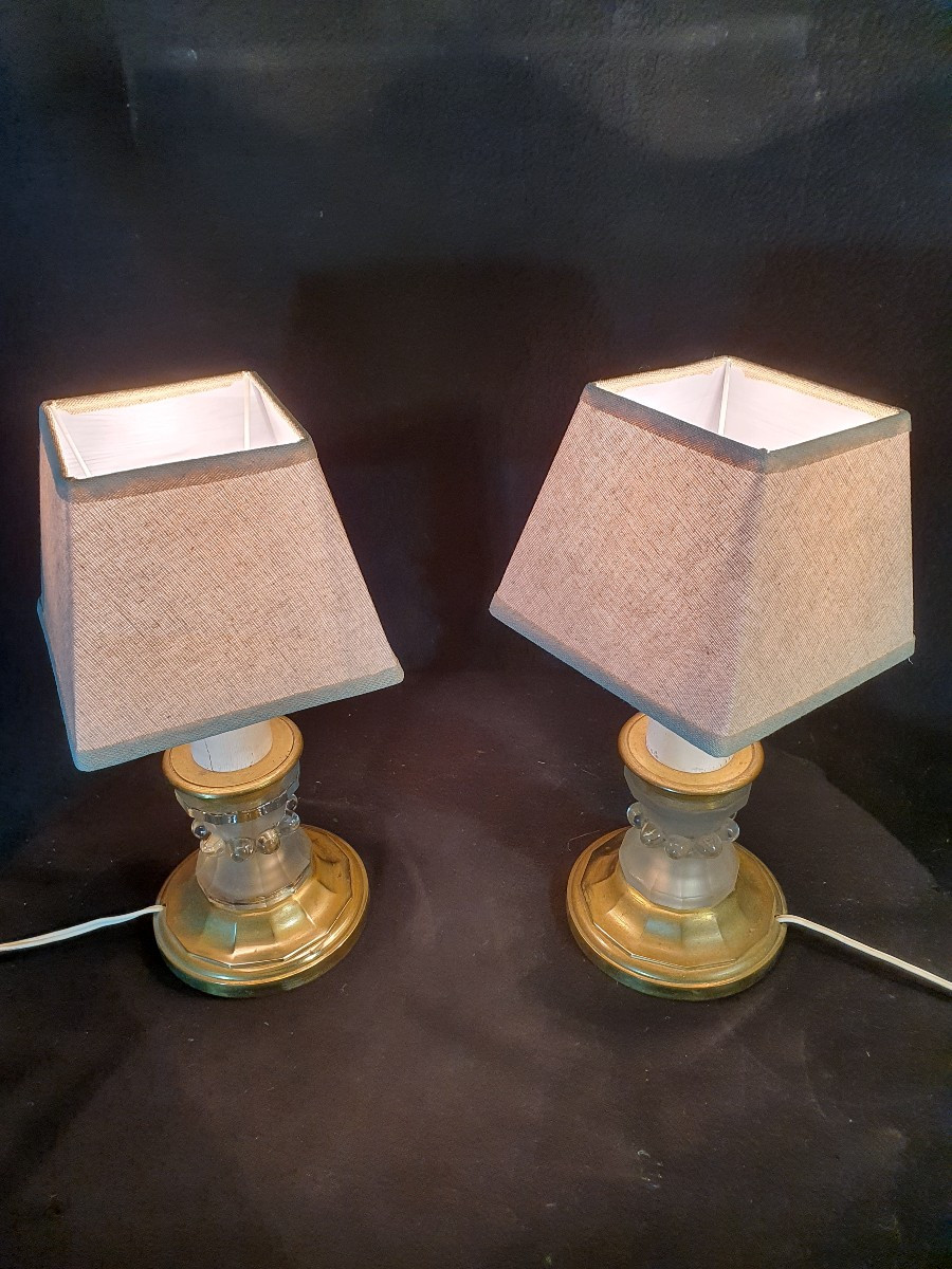 Paire de lampes art déco, bronze et pâte de verre. -photo-4