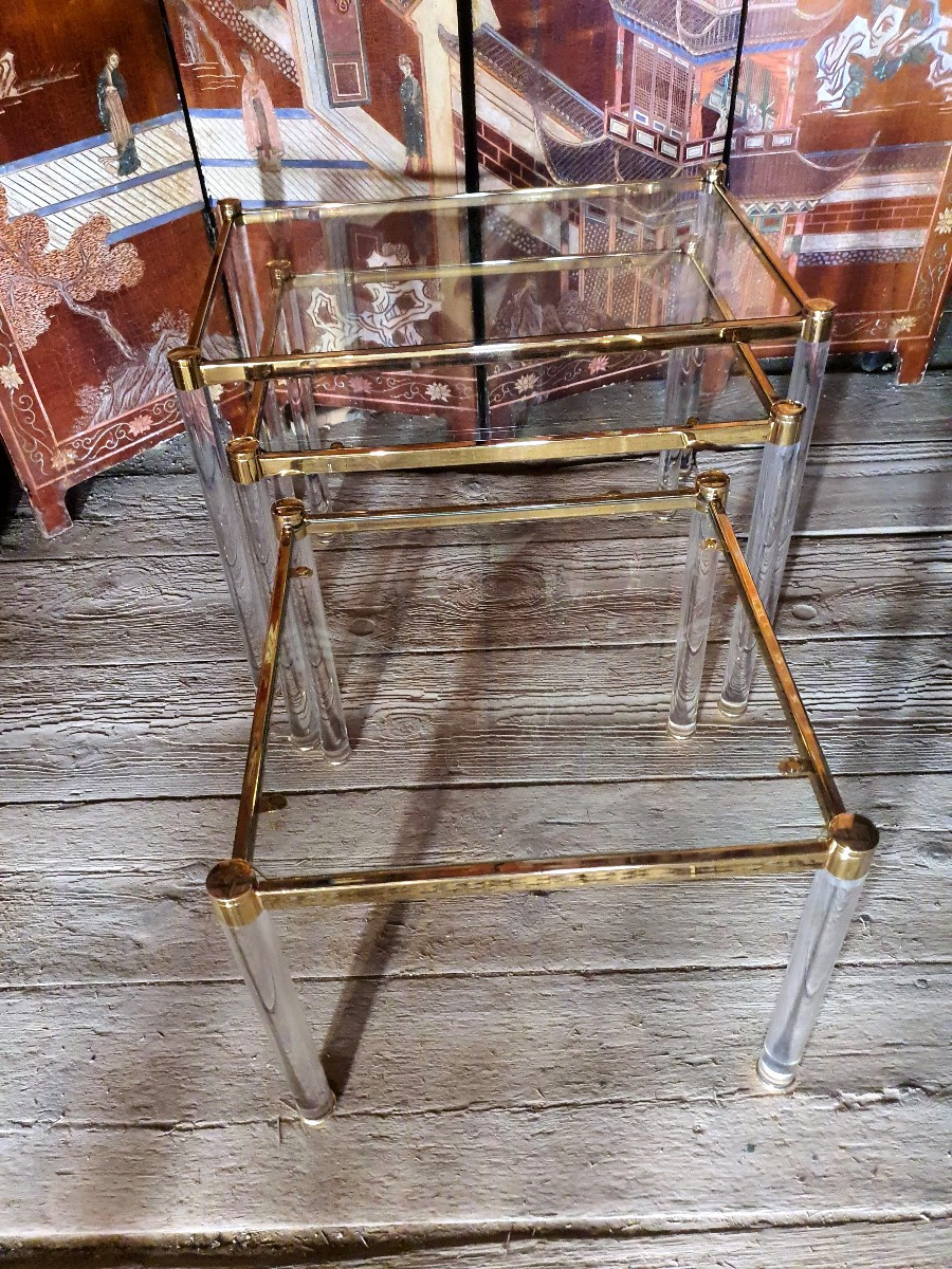 Series Of Three Nesting Tables In Gilded Brass And Plexiglas, Lucite.-photo-4