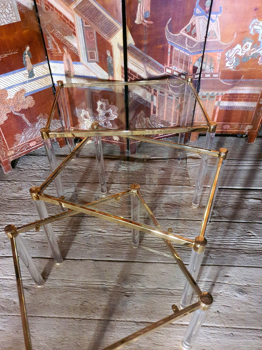 Series Of Three Nesting Tables In Gilded Brass And Plexiglas, Lucite.-photo-2