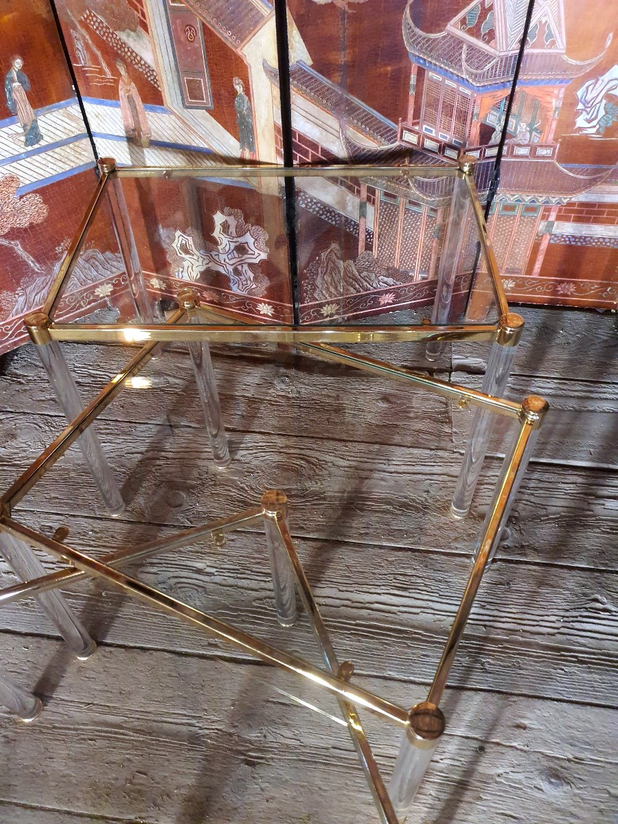 Series Of Three Nesting Tables In Gilded Brass And Plexiglas, Lucite.-photo-3