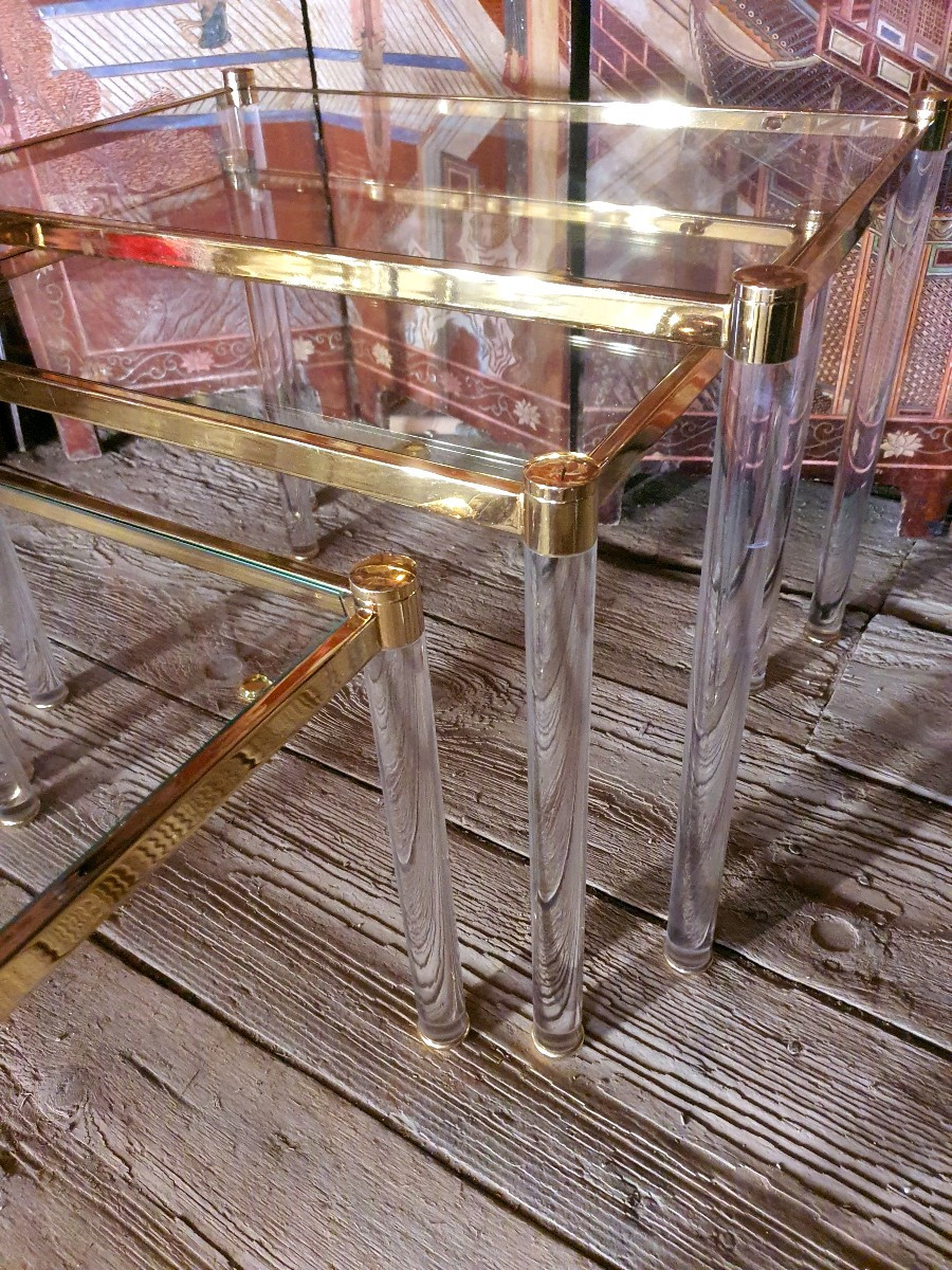 Series Of Three Nesting Tables In Gilded Brass And Plexiglas, Lucite.-photo-4