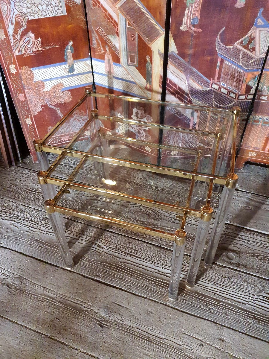 Series Of Three Nesting Tables In Gilded Brass And Plexiglas, Lucite.