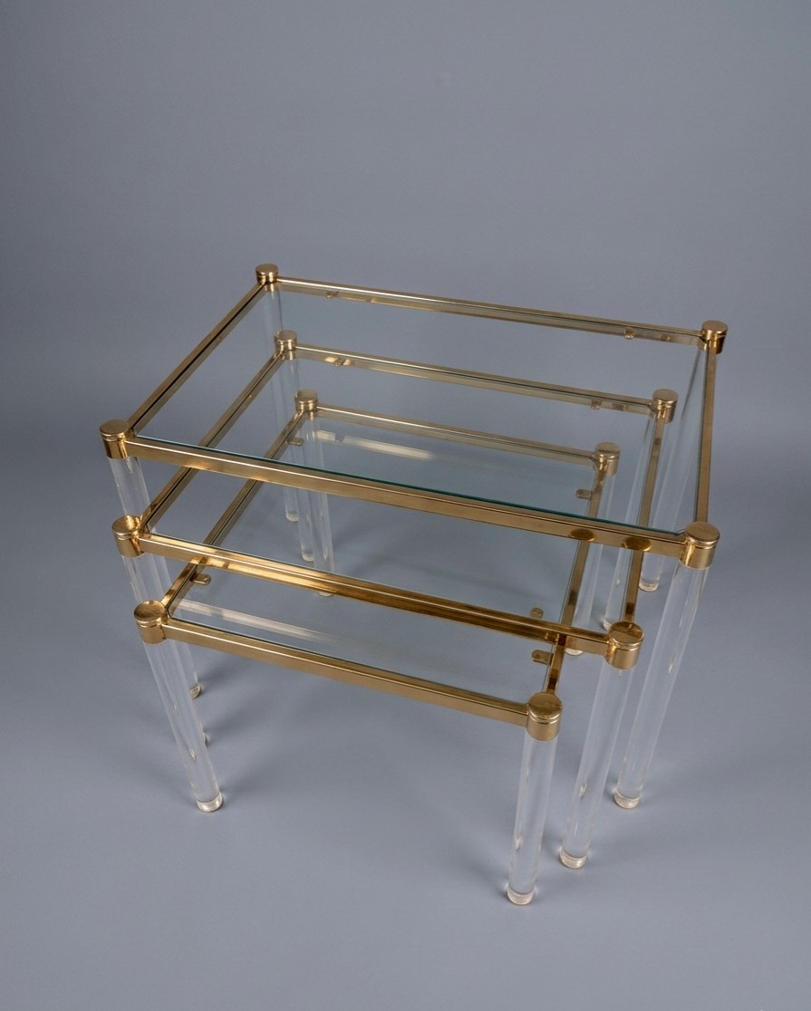 Series Of Three Nesting Tables In Gilded Brass And Plexiglas, Lucite.