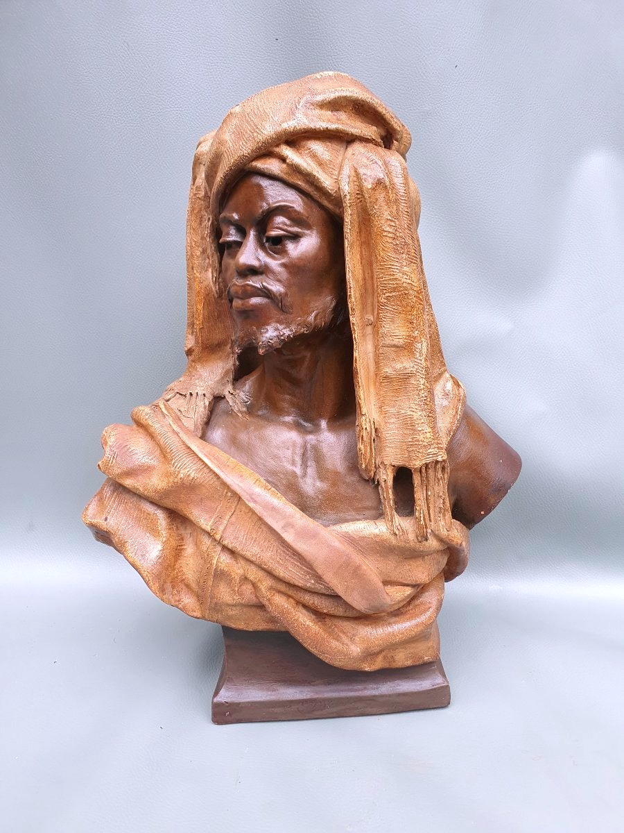 Sculpture buste terre cuite orientaliste , le caïd. Charles Massé.