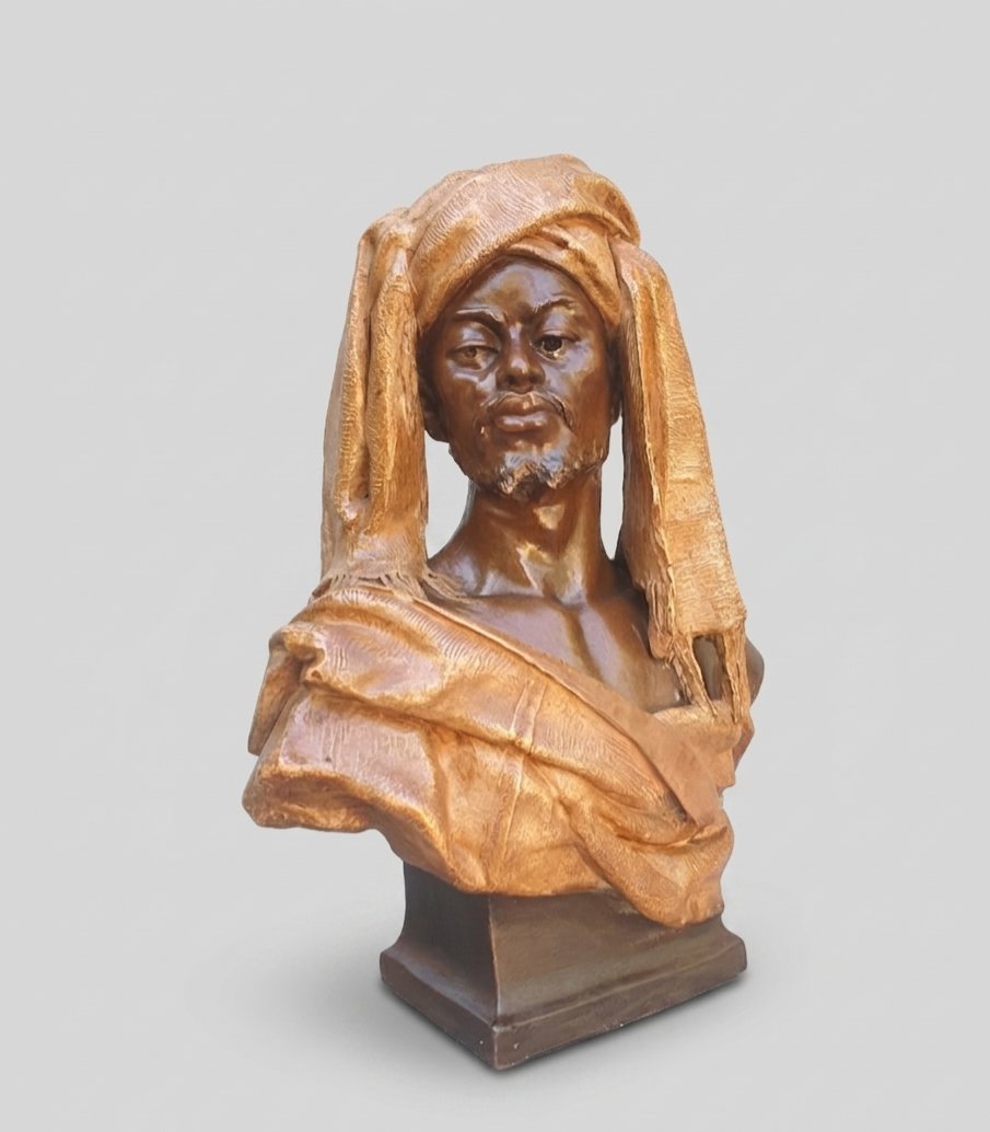 Sculpture buste terre cuite orientaliste , le caïd. Charles Massé.