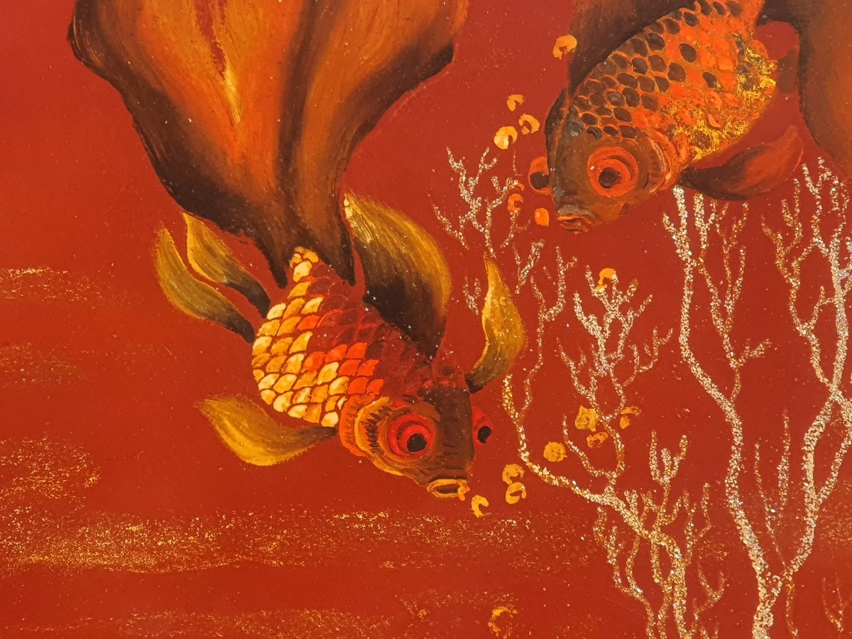 Aquarium Scene, Fish, Lacquered Panel From Vietnam, Indochina. -photo-2