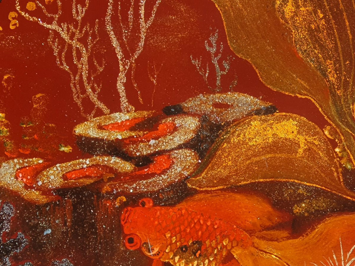 Aquarium Scene, Fish, Lacquered Panel From Vietnam, Indochina. -photo-3