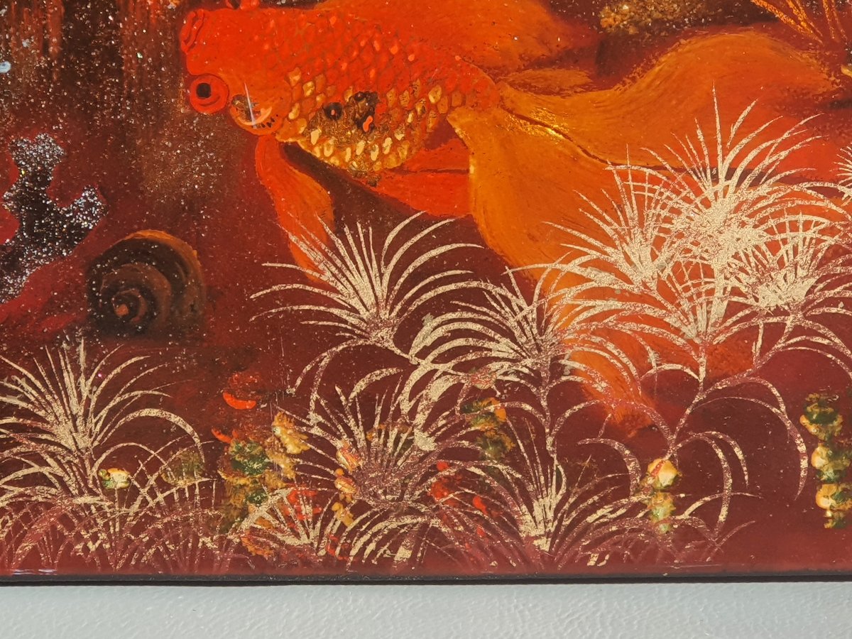 Aquarium Scene, Fish, Lacquered Panel From Vietnam, Indochina. -photo-4