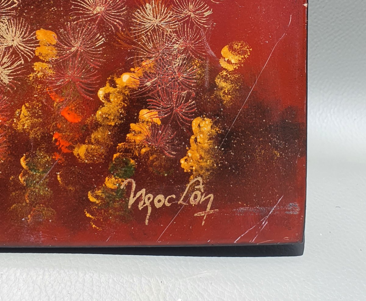Aquarium Scene, Fish, Lacquered Panel From Vietnam, Indochina. -photo-1