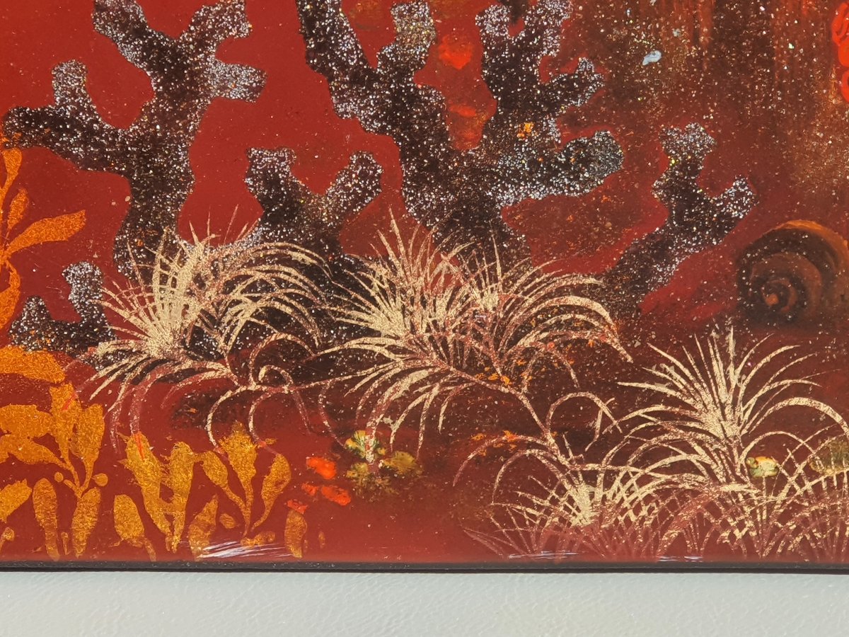 Aquarium Scene, Fish, Lacquered Panel From Vietnam, Indochina. -photo-2