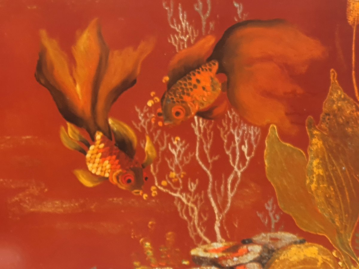 Aquarium Scene, Fish, Lacquered Panel From Vietnam, Indochina. -photo-4