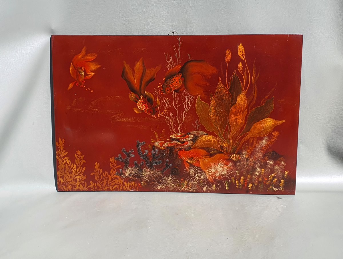 Aquarium Scene, Fish, Lacquered Panel From Vietnam, Indochina. -photo-5