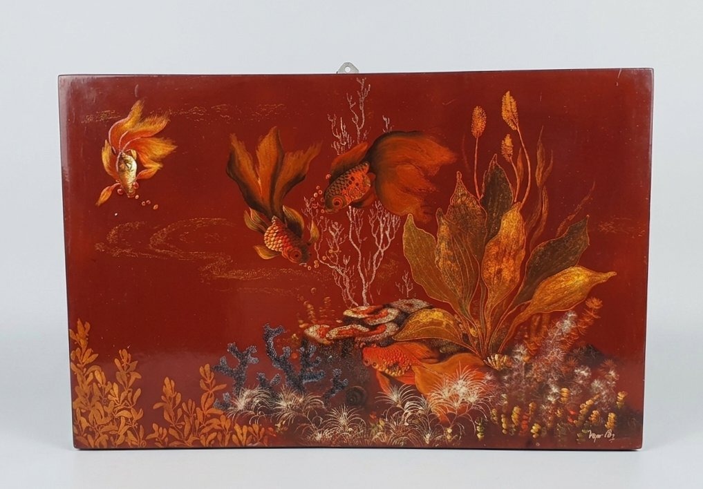 Aquarium Scene, Fish, Lacquered Panel From Vietnam, Indochina. 
