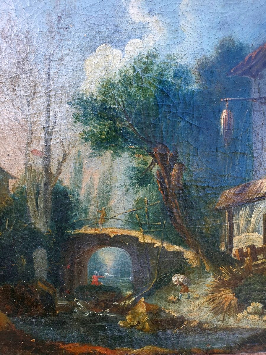 Landscape Painting Featuring A Bridge, 18th Century, Hubert Robert School. -photo-3