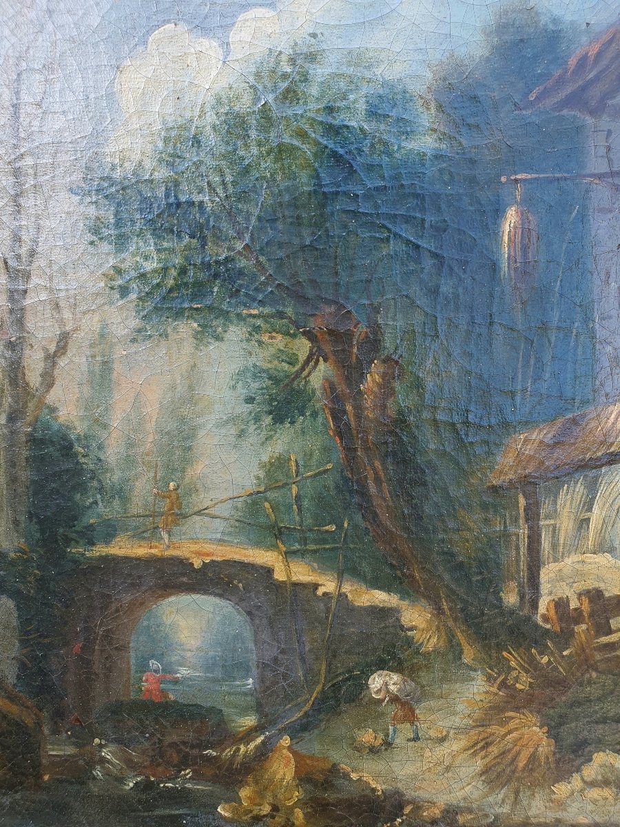 Landscape Painting Featuring A Bridge, 18th Century, Hubert Robert School. -photo-1