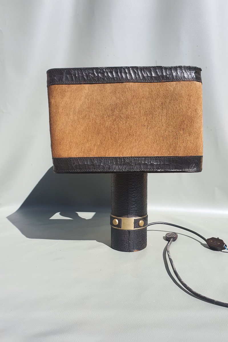 Lampe cuir vintage art déco esprit Jacques Adnet. -photo-2