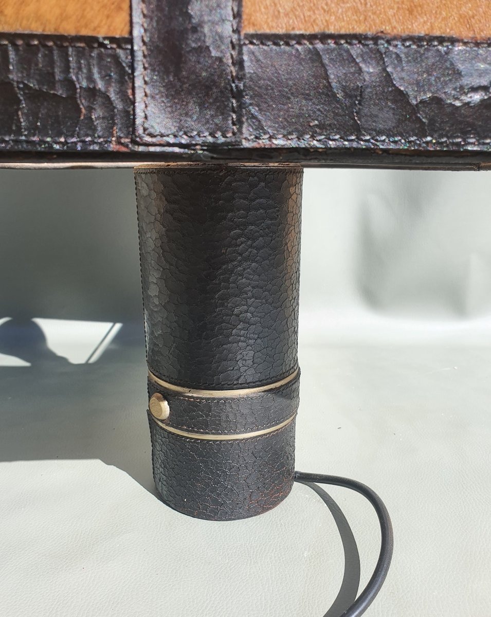 Lampe cuir vintage art déco esprit Jacques Adnet. -photo-4