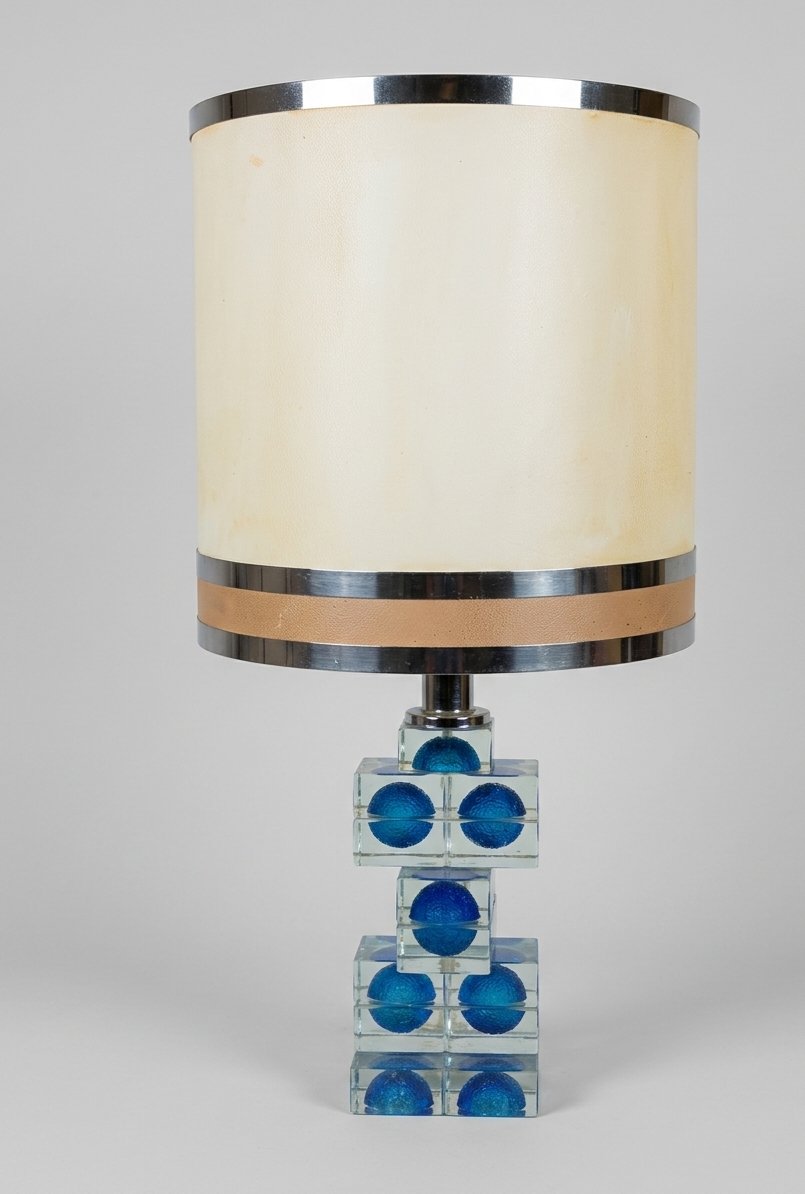 Lampe vintage cubiste verre bleu Murano ,Poliarte.-photo-2