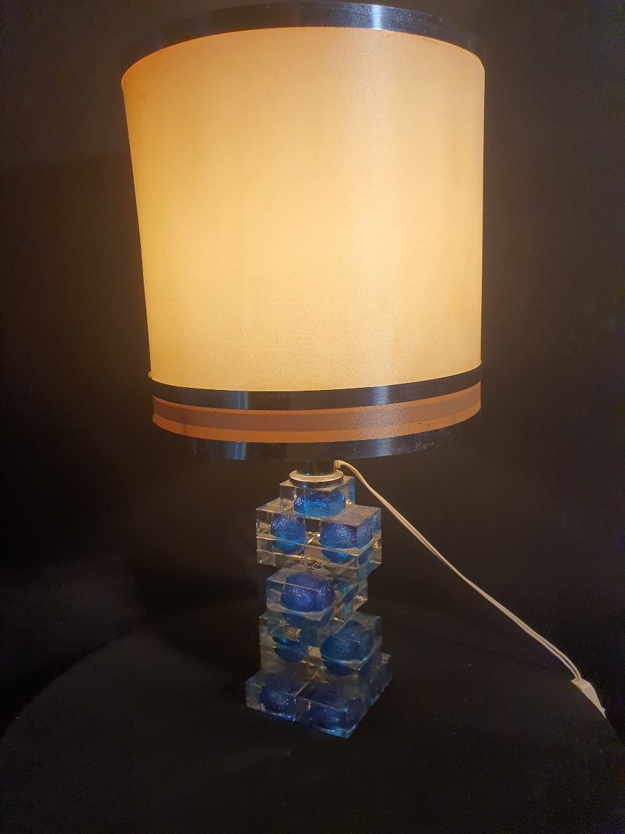 Lampe vintage cubiste verre bleu Murano ,Poliarte.-photo-4